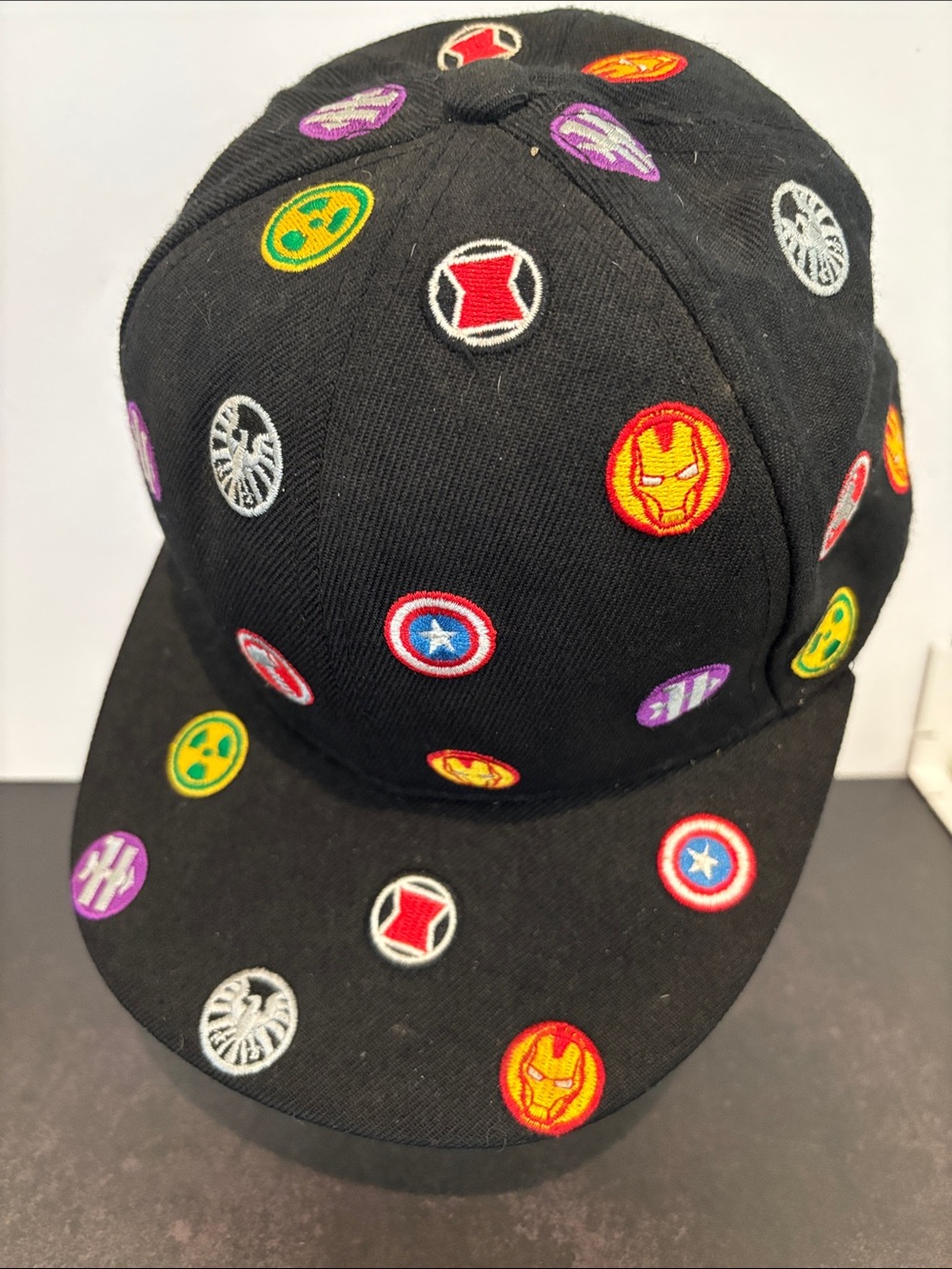 Marvel Black Baseball Cap with Colorful Superhero Patch Icons